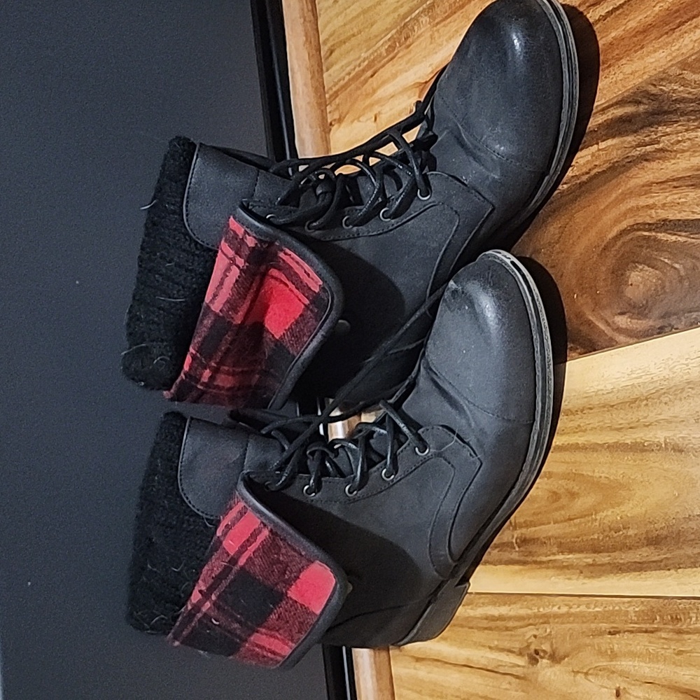 Black and Red Plaid Fold-Over Boots